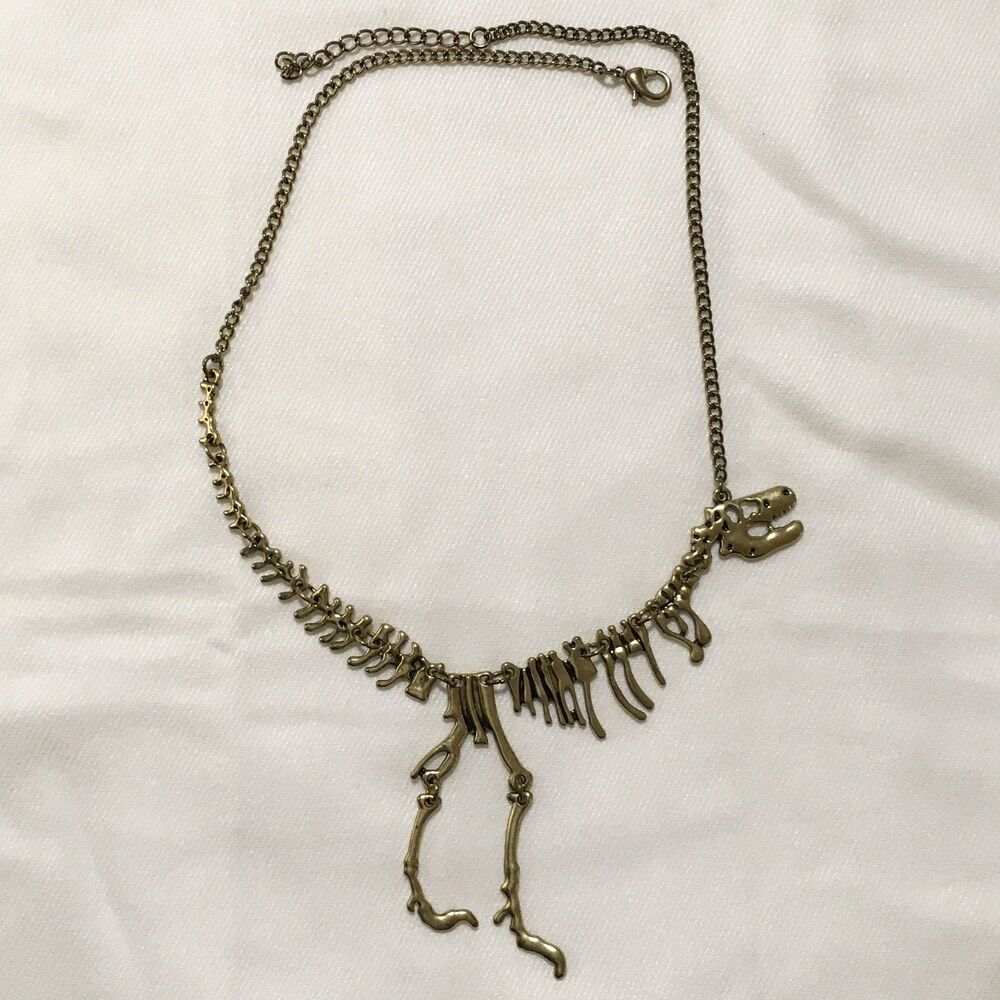 Vintage Dinasaur T Rex Skeleton Chain Necklace Gold Tone 22" Statement Fossil